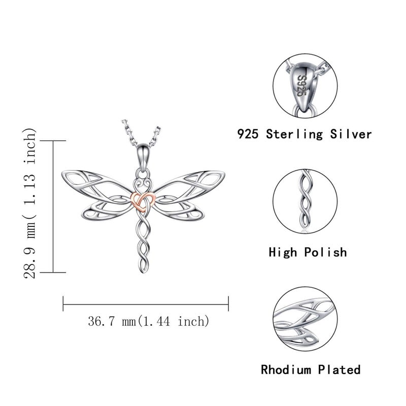 MANBU Sterling Silver Dragonfly Necklace Bracelet for Women Celtic Infinity Dragonfly Pendant Christmas Jewelry Gifts for Nature Lovers (rosegold heart) - Image 5